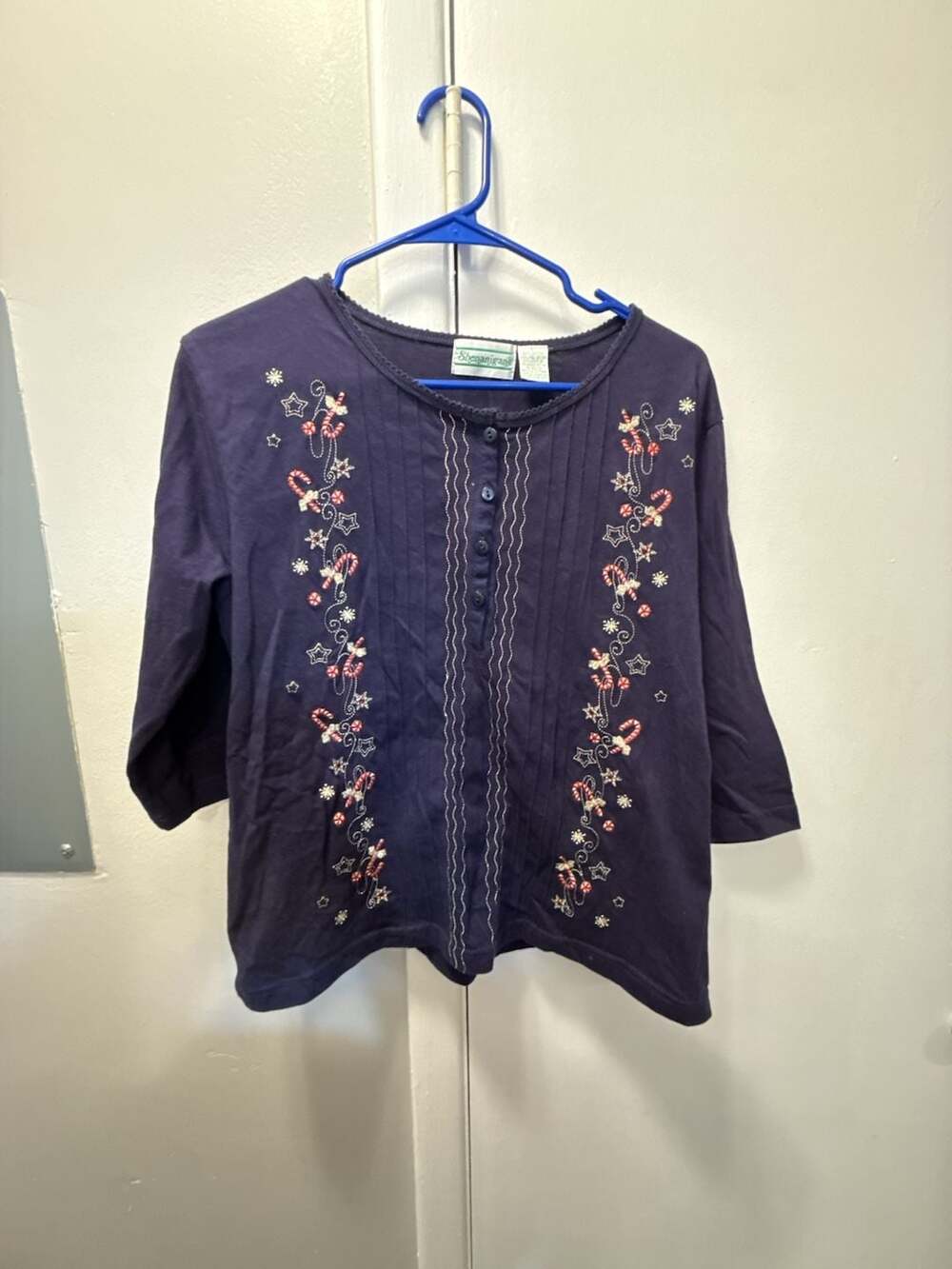 Shenanigans Christmas Embroidered Blouse Size L Blue Candy Cane Top
